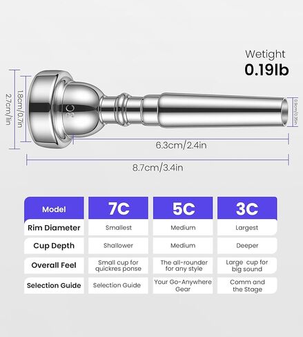 Trumpet Mouthpiece Set Vaccum Packed with Box, 3C 5C 7C Silver Plated Bb Trompeta Mouthpiece Compatible with Beginners, Intermediate, Professionals in Kuwait