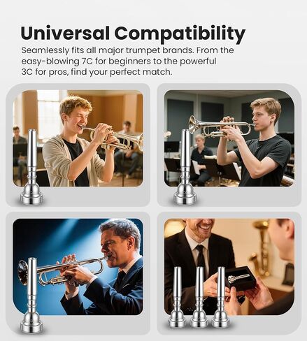 Trumpet Mouthpiece Set Vaccum Packed with Box, 3C 5C 7C Silver Plated Bb Trompeta Mouthpiece Compatible with Beginners, Intermediate, Professionals in Kuwait