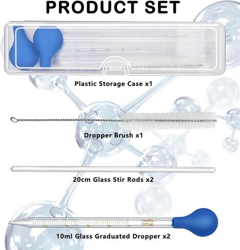 Artcome 5PC Glass Dropper Set - Pipettes Graduated Lab Dropper - 2x10ml Graduated Droppers, 2x20cm Glass Stir Rods with Washing Brush -Ideal for Essential Oils, Lab Use, Liquid Transfer in Kuwait