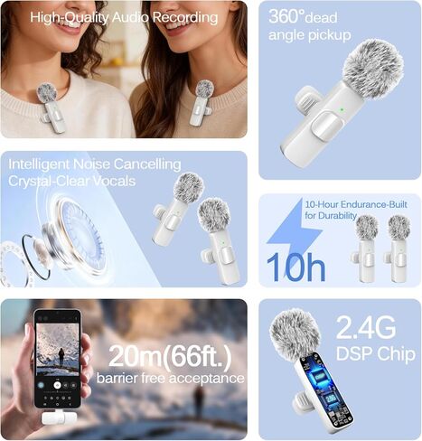 ميكروفون لافالير لاسلكي أبيض لأجهزة iPhone وAndroid - ميكروفون صغير بمشبك مع خاصية إلغاء الضوضاء، 2 حزمة من ميكروفون ذو طية صدر السترة، قابس وتشغيل ميكروفون لاسلكي لتسجيل الفيديو، مقابلة، بودكاست، مدونة فيديو، يوتيوب in Saudi Arabia