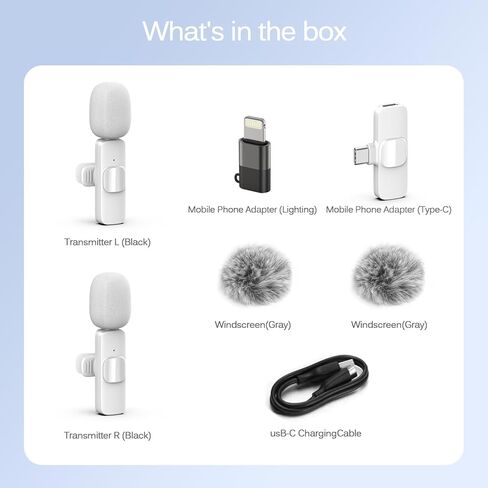 ميكروفون لافالير لاسلكي أبيض لأجهزة iPhone وAndroid - ميكروفون صغير بمشبك مع خاصية إلغاء الضوضاء، 2 حزمة من ميكروفون ذو طية صدر السترة، قابس وتشغيل ميكروفون لاسلكي لتسجيل الفيديو، مقابلة، بودكاست، مدونة فيديو، يوتيوب in Saudi Arabia