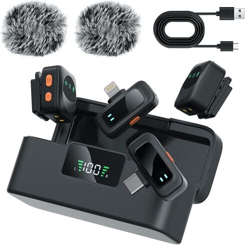 نظام ميكروفون Ai Mini Mic Wireless Lavalier (2TX+2RX+Case)، ميكروفون مغناطيسي ومشبك لهواتف iPhone وAndroid ومدونات الفيديو وصوت بجودة الاستوديو وبطارية 48 ساعة وإلغاء ضوضاء Ai in Kuwait