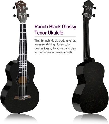 Ranch Tenor Ukulele 26 inch Ukelele Professional Small Hawaiian Guitar Maple Top and Side and Back Glossy Ukalalee Bundle Gig bag - Black in Kuwait