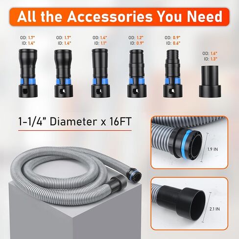 16FT Shop Vac Hose Extension,Commercial Dust Collection Hose Kit,1-1/4 Diameter TPE Vacuum Hose with 6 Adapters for Vacuums System,Compatible with Woodworking Power Tool and Sander by TOMOON in Saudi Arabia