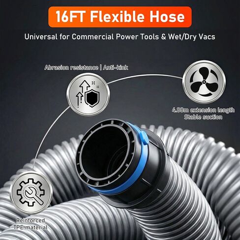 16FT Shop Vac Hose Extension,Commercial Dust Collection Hose Kit,1-1/4 Diameter TPE Vacuum Hose with 6 Adapters for Vacuums System,Compatible with Woodworking Power Tool and Sander by TOMOON in Saudi Arabia