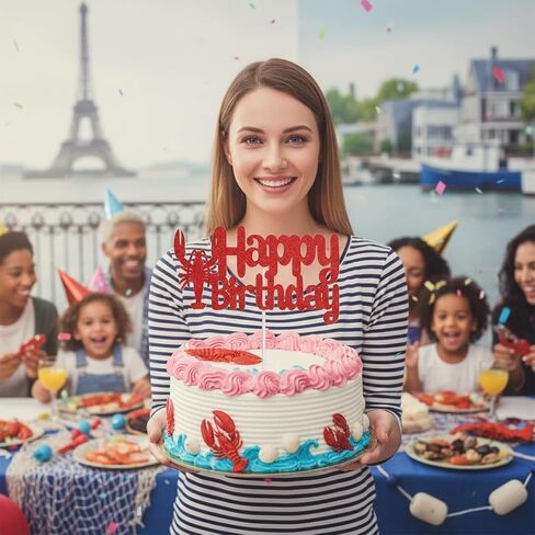 Happy Birthday Cake Topper - Red Glitter Lobster Theme Party Decoration, Seafood Crawfish Boil Birthday Party Supplies (Red) in Kuwait