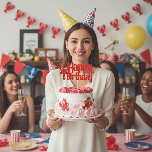 Happy Birthday Cake Topper - Red Glitter Lobster Theme Party Decoration, Seafood Crawfish Boil Birthday Party Supplies (Red) in Kuwait