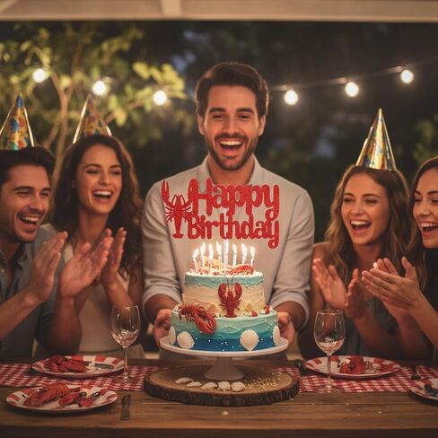 Happy Birthday Cake Topper - Red Glitter Lobster Theme Party Decoration, Seafood Crawfish Boil Birthday Party Supplies (Red) in Kuwait