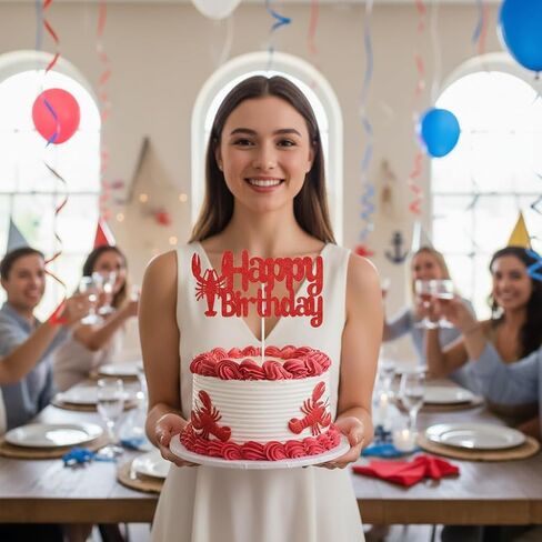 Happy Birthday Cake Topper - Red Glitter Lobster Theme Party Decoration, Seafood Crawfish Boil Birthday Party Supplies (Red) in Kuwait