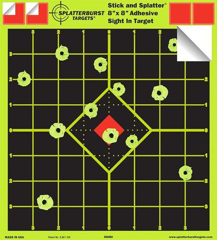 Splatterburst Targets - 8 x 8 inch Sight in Stick & Splatter Adhesive Shooting Targets - Shots Burst Bright Fluorescent Yellow - Great for All Firearms, Airsoft & Pellet Guns - Made in USA in Kuwait