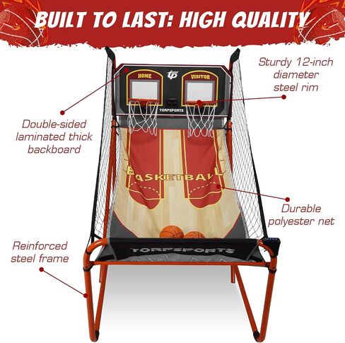 Foldable Indoor Basketball Arcade Game with Steel Frame Indoor Double Electronic Basketball Machine with 5 Size 7 Inch Balls for 2 Players Basement Game Rooms in Kuwait