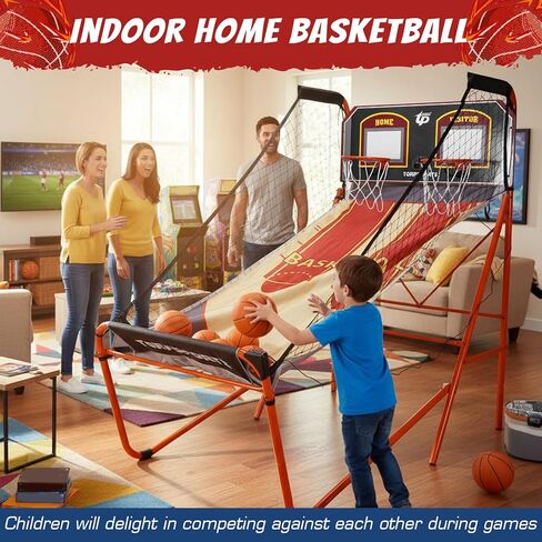 Foldable Indoor Basketball Arcade Game with Steel Frame Indoor Double Electronic Basketball Machine with 5 Size 7 Inch Balls for 2 Players Basement Game Rooms in Kuwait
