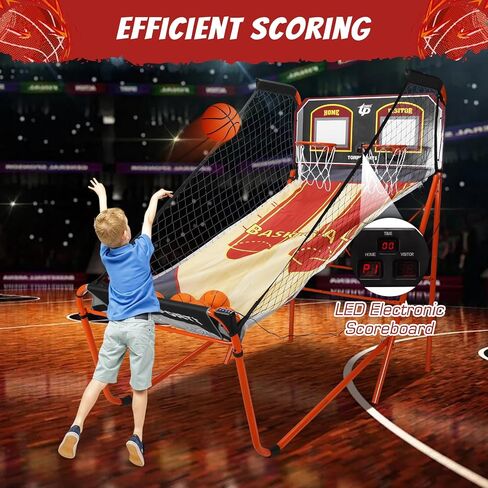 Foldable Indoor Basketball Arcade Game with Steel Frame Indoor Double Electronic Basketball Machine with 5 Size 7 Inch Balls for 2 Players Basement Game Rooms in Kuwait
