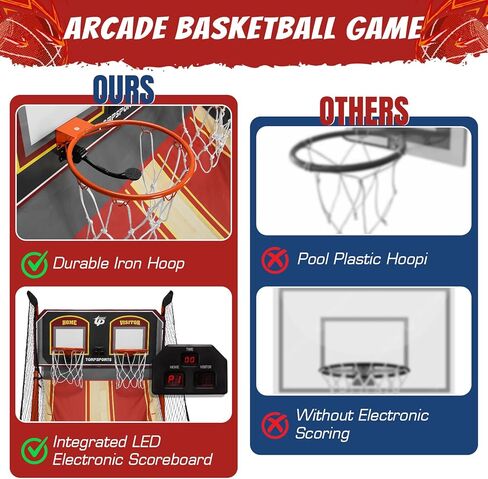 Foldable Indoor Basketball Arcade Game with Steel Frame Indoor Double Electronic Basketball Machine with 5 Size 7 Inch Balls for 2 Players Basement Game Rooms in Kuwait