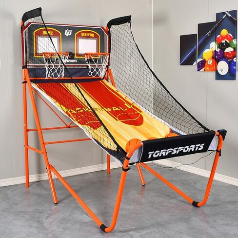 Foldable Indoor Basketball Arcade Game with Steel Frame Indoor Double Electronic Basketball Machine with 5 Size 7 Inch Balls for 2 Players Basement Game Rooms in Kuwait