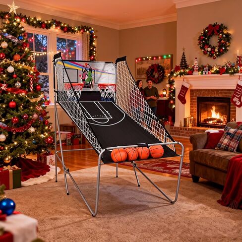 لعبة أركيد كرة السلة الإلكترونية، لعبة تبادل إطلاق النار المزدوجة القابلة للطي مع لاعبين، 8 خيارات للعب، نظام تسجيل LED، تتضمن 4 كرات سلة جاهزة للعب، مضخة هواء وإبرة للشباب والكبار in Kuwait