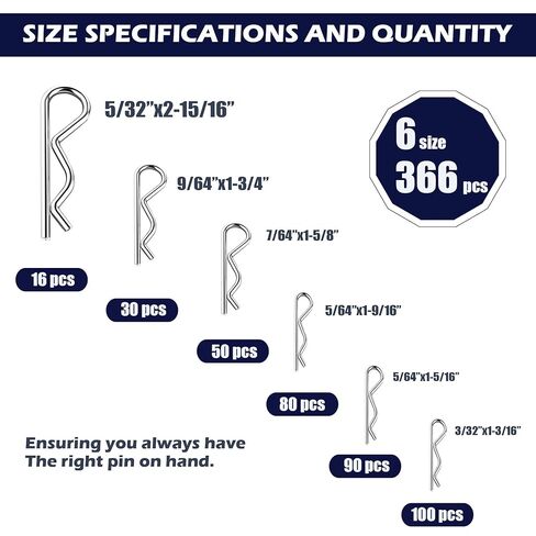 مجموعة متنوعة من 366 قطعة من دبابيس كوتر، مجموعة دبابيس R Clip R من 6 مقاسات، مشابك شعر من الفولاذ الكربوني المجلفن للسيارات، ATV، الدراجة الترابية، جزازة العشب (5/32 بوصة، 9/64 بوصة، 7/64 بوصة، 5/64 بوصة، 3/32 بوصة) in Kuwait