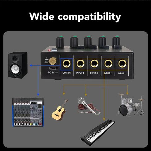 4 Channel Stereo Sound Mixer, Type C DC5V Low Noise 1/4in Input Output Mini Audio Mixer for Guitars Bass Keyboards Small Clubs Bars in Saudi Arabia