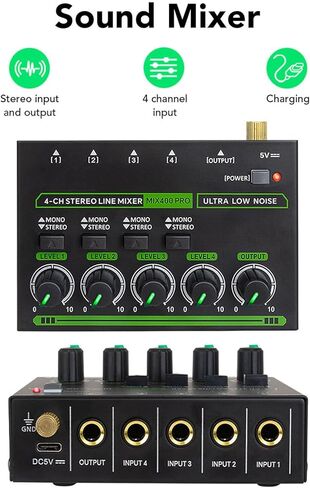 4 Channel Stereo Sound Mixer, Type C DC5V Low Noise 1/4in Input Output Mini Audio Mixer for Guitars Bass Keyboards Small Clubs Bars in Saudi Arabia