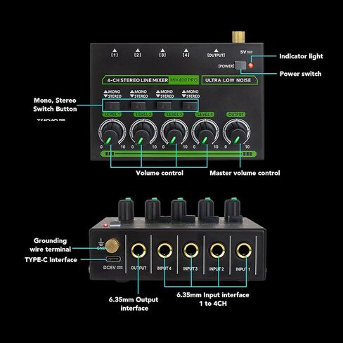 4 Channel Stereo Sound Mixer, Type C DC5V Low Noise 1/4in Input Output Mini Audio Mixer for Guitars Bass Keyboards Small Clubs Bars in Saudi Arabia