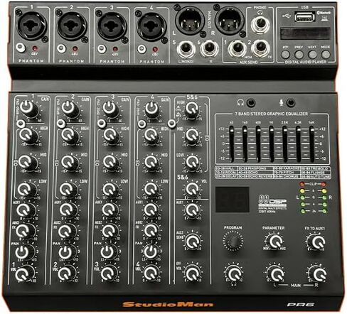 لوحة صوت لخلاط الصوت StudioMan PR6 ذات 6 قنوات مع 99 تأثير DSP، طاقة فانتوم 48 فولت، تحكم مستقل في PAN، اتصال الهاتف، 7 نطاقات EQ للبث المباشر، تسجيل الاستوديو، أداء DJ in Kuwait