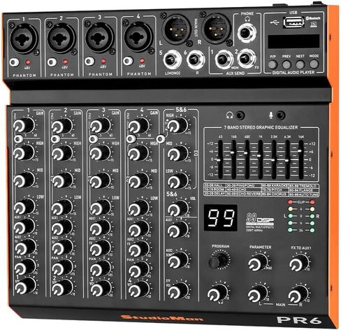 لوحة صوت لخلاط الصوت StudioMan PR6 ذات 6 قنوات مع 99 تأثير DSP، طاقة فانتوم 48 فولت، تحكم مستقل في PAN، اتصال الهاتف، 7 نطاقات EQ للبث المباشر، تسجيل الاستوديو، أداء DJ in Kuwait