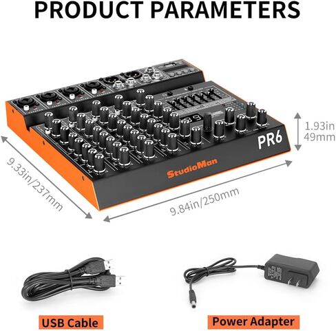 لوحة صوت لخلاط الصوت StudioMan PR6 ذات 6 قنوات مع 99 تأثير DSP، طاقة فانتوم 48 فولت، تحكم مستقل في PAN، اتصال الهاتف، 7 نطاقات EQ للبث المباشر، تسجيل الاستوديو، أداء DJ in Kuwait