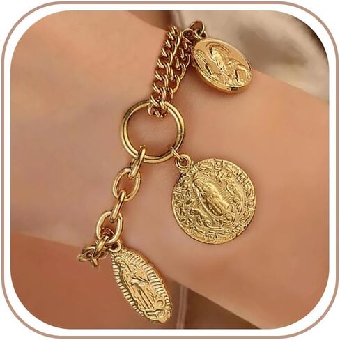 Chunky Gold Bracelet Coin Bracelets for Women Coin Charm Bracelet Chunky Bracelets for Women Trendy 2025 in Saudi Arabia
