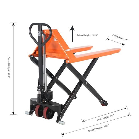 Tory Carrier Manual Scissor Pallet Jack Hand Truck Lift 2200lbs Capacity, 45" L x 27" W Forks, 3.3'' Lowered, 31.5'' Raised Height for Open Bottom Pallet in Kuwait