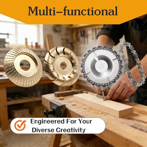 4 قطع عجلة طحن خشبية لطاحونة زاوية 4 بوصة أو 4 1/2 بوصة | قرص تشكيل خشب 12 سن | شفرة منشار دائرية ذات 22 سنًا مع سلسلة بديلة لقطع النجارة وتشكيل ونحت عجلة الطحن in Kuwait