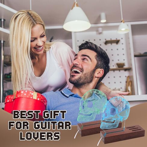 حامل اختيار جيتار مضيء من سييرال، حامل اختيار خشبي من الأكريليك على شكل جمجمة، 7 ألوان متغيرة LED USB تعمل بالطاقة، عرض تخزين، ملحقات الجيتار هدية للرجال اللاعبين عازفي الجيتار in Kuwait