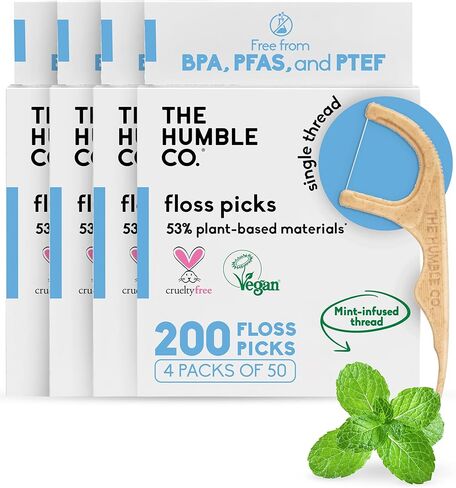 The Humble Co Dental Floss Picks for Teeth, 200 Count (Mint) - Double Thread Tooth Picks Flossers for Adults Gum Health - Toothpick Floss for Interdental Oral Care & Hygiene in Saudi Arabia