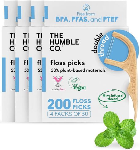 The Humble Co Dental Floss Picks for Teeth, 200 Count (Mint) - Double Thread Tooth Picks Flossers for Adults Gum Health - Toothpick Floss for Interdental Oral Care & Hygiene in Saudi Arabia