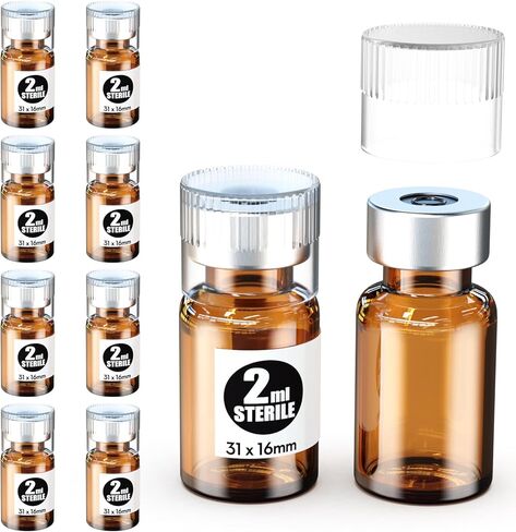 Sterile Empty Vial with Plastic Reusable Cap and Self Healing Injection Rubber Stopper for Lab Store (Clear, 2ml 10pcs) in Kuwait