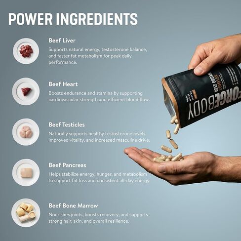 كبسولات FORGEBODY® لأعضاء لحم البقر [3 أشهر] - 100٪ مكمل لأعضاء لحم البقر الذي يتغذى على العشب مع مزيج من الكبد والقلب ونخاع العظام والبنكرياس والخصيتين - يدعم صحة الجسم ووظيفة الدماغ (غير معدل وراثيًا) in Kuwait