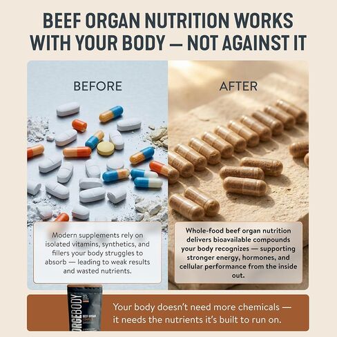 كبسولات FORGEBODY® لأعضاء لحم البقر [3 أشهر] - 100٪ مكمل لأعضاء لحم البقر الذي يتغذى على العشب مع مزيج من الكبد والقلب ونخاع العظام والبنكرياس والخصيتين - يدعم صحة الجسم ووظيفة الدماغ (غير معدل وراثيًا) in Kuwait
