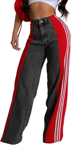 Kansoon Womens Jeans عالية الخصر خطوط الجانبية خطوط ملونة بلوك مسدود in Saudi Arabia