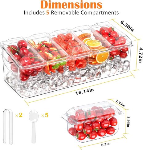 صينية بهارات، خادم بهارات مبردة للمنزل، والحفلات، والاحتفال، وحامل تزيين البار على الجليد، وإكسسوارات البار الفاكهة والسلطة مع صواني وأغطية قابلة للإزالة (5 ملاعق و2 ملقط) in Kuwait