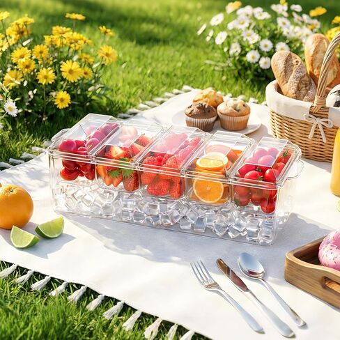 صينية بهارات، خادم بهارات مبردة للمنزل، والحفلات، والاحتفال، وحامل تزيين البار على الجليد، وإكسسوارات البار الفاكهة والسلطة مع صواني وأغطية قابلة للإزالة (5 ملاعق و2 ملقط) in Kuwait