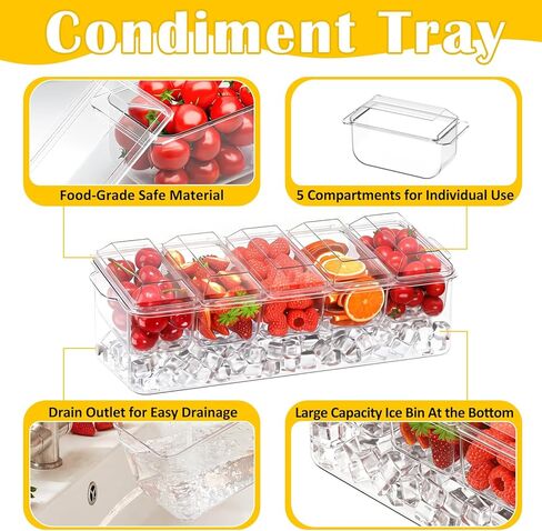 صينية بهارات، خادم بهارات مبردة للمنزل، والحفلات، والاحتفال، وحامل تزيين البار على الجليد، وإكسسوارات البار الفاكهة والسلطة مع صواني وأغطية قابلة للإزالة (5 ملاعق و2 ملقط) in Kuwait