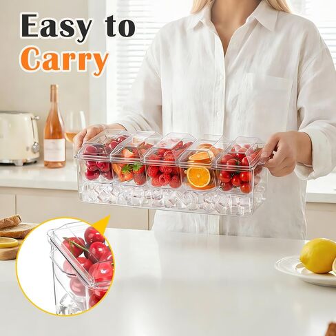 صينية بهارات، خادم بهارات مبردة للمنزل، والحفلات، والاحتفال، وحامل تزيين البار على الجليد، وإكسسوارات البار الفاكهة والسلطة مع صواني وأغطية قابلة للإزالة (5 ملاعق و2 ملقط) in Kuwait