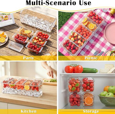 صينية بهارات، خادم بهارات مبردة للمنزل، والحفلات، والاحتفال، وحامل تزيين البار على الجليد، وإكسسوارات البار الفاكهة والسلطة مع صواني وأغطية قابلة للإزالة (5 ملاعق و2 ملقط) in Kuwait