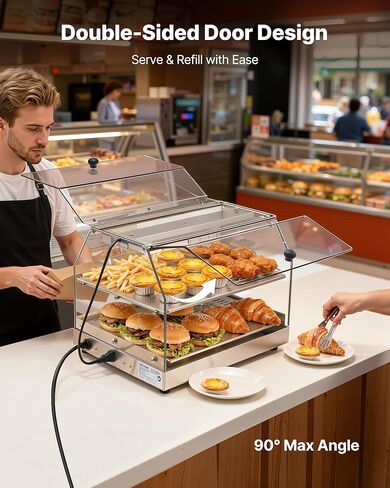 VEVOR 2-Tier Commercial Food Warmer Display, 450W Food Display Warmer with Light, Detachable Shelves and Double-Sided Door Design, 85℉~185℉ Air Heating, 48L for Hamburger, Pizza, Bread, Fried Chicken in Saudi Arabia