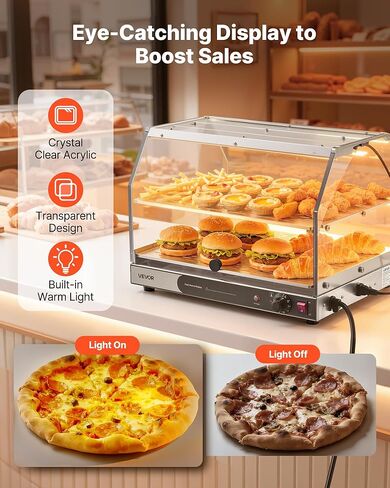 VEVOR 2-Tier Commercial Food Warmer Display, 450W Food Display Warmer with Light, Detachable Shelves and Double-Sided Door Design, 85℉~185℉ Air Heating, 48L for Hamburger, Pizza, Bread, Fried Chicken in Saudi Arabia