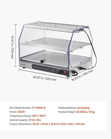 VEVOR 2-Tier Commercial Food Warmer Display, 450W Food Display Warmer with Light, Detachable Shelves and Double-Sided Door Design, 85℉~185℉ Air Heating, 48L for Hamburger, Pizza, Bread, Fried Chicken in Saudi Arabia
