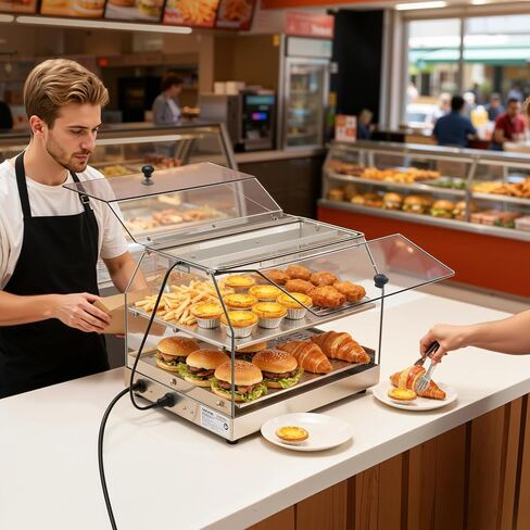 VEVOR 2-Tier Commercial Food Warmer Display, 450W Food Display Warmer with Light, Detachable Shelves and Double-Sided Door Design, 85℉~185℉ Air Heating, 48L for Hamburger, Pizza, Bread, Fried Chicken in Saudi Arabia