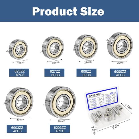 36Pcs Ball Bearings Kit-608ZZ 623ZZ 627ZZ 6000ZZ 6903ZZ 6203ZZ, Bearing Steel, Double Metal Shielded Deep Groove Bearings for 3D Printer, Skateboards in Kuwait