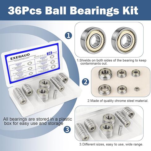 36Pcs Ball Bearings Kit-608ZZ 623ZZ 627ZZ 6000ZZ 6903ZZ 6203ZZ, Bearing Steel, Double Metal Shielded Deep Groove Bearings for 3D Printer, Skateboards in Kuwait
