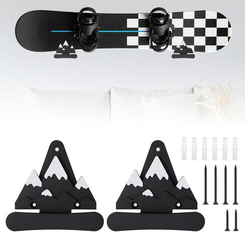 2-Pack Snowboard Wall Mount Rack with Hooks- Heavy Duty 40lbs Capacity Mountain Design Snowboard Holder, Space Saving Wall Hanger for Snowboard, Skateboard & Longboard (Black & White) in Saudi Arabia