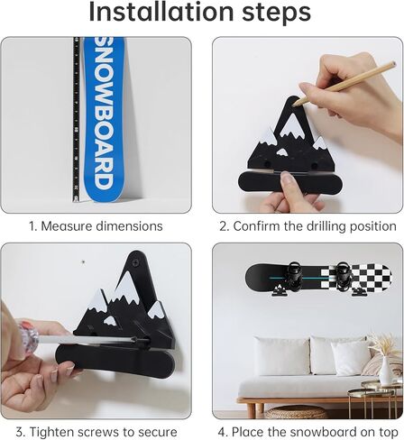 2-Pack Snowboard Wall Mount Rack with Hooks- Heavy Duty 40lbs Capacity Mountain Design Snowboard Holder, Space Saving Wall Hanger for Snowboard, Skateboard & Longboard (Black & White) in Saudi Arabia